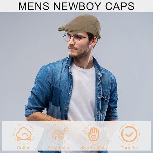 Qossi 2 Pack Newsboy Hats for Men Flat Cap Cotton Adjustable Breathable Irish Cabbie Ivy Driving Hunting Hat in Kuwait