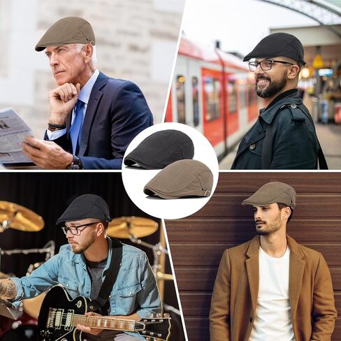 Qossi 2 Pack Newsboy Hats for Men Flat Cap Cotton Adjustable Breathable Irish Cabbie Ivy Driving Hunting Hat in Kuwait