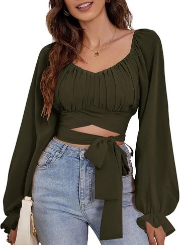 Rooscier Women's Ruched Wrap Square Neck Flounce Long Sleeve Self Tie Crop Top Blouse in Kuwait