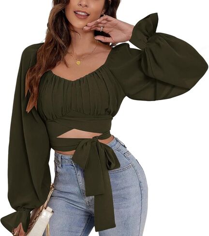 Rooscier Women's Ruched Wrap Square Neck Flounce Long Sleeve Self Tie Crop Top Blouse in Kuwait