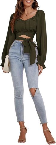 Rooscier Women's Ruched Wrap Square Neck Flounce Long Sleeve Self Tie Crop Top Blouse in Kuwait