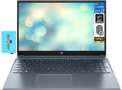 كمبيوتر محمول HP Newest Fog Blue Pavilion بشاشة 15.6 بوصة FHD (Intel i7-1355U، ذاكرة الوصول العشوائي 64 جيجابايت، 2 تيرابايت PCIe SSD، Intel Iris Xe، KYB بإضاءة خلفية، بصمة الإصبع، مكبرات صوت B&O، WiFi 6، BT 5.3، Win 11 Pro) مع موزع USB DKZ in Saudi Arabia