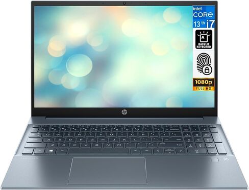 كمبيوتر محمول HP Newest Fog Blue Pavilion بشاشة 15.6 بوصة FHD (Intel i7-1355U، ذاكرة الوصول العشوائي 64 جيجابايت، 2 تيرابايت PCIe SSD، Intel Iris Xe، KYB بإضاءة خلفية، بصمة الإصبع، مكبرات صوت B&O، WiFi 6، BT 5.3، Win 11 Pro) مع موزع USB DKZ in Saudi Arabia