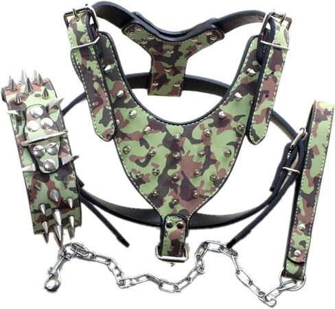 Leather Spiked Dog Harness and Collar Set - Suitable for Large Breeds Bull Terriers, Dobermans - Durable Leather harness with Metal Studs and Matching Collar Leash (XL, Studs Black) in Kuwait