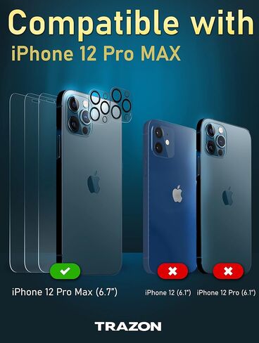 Trazon 3 Pack iPhone 12 Pro Max واقي شاشة و2 Pack iPhone 12 Pro Max واقي عدسة الكاميرا، 9H صلابة الهاتف الزجاج المقسى مع حافظة سهلة التركيب 6.7 بوصة فائقة الوضوح in Saudi Arabia