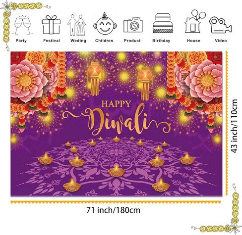 Happy Diwali Party Backdrop Decorations Supplies of India Light Festival Diwali Photography Background Photo Props Booth Banner, 71 x 43 Inch in Saudi Arabia