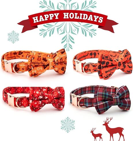 Dog Collar with Bow Tie Halloween Thanksgiving Christmas Pet Gifts Ghost Pumpkin Pattern with Metal Buckle Adorable Stylish Pet Collar for Small Medium Large Dogs Thanksgiving S in Saudi Arabia