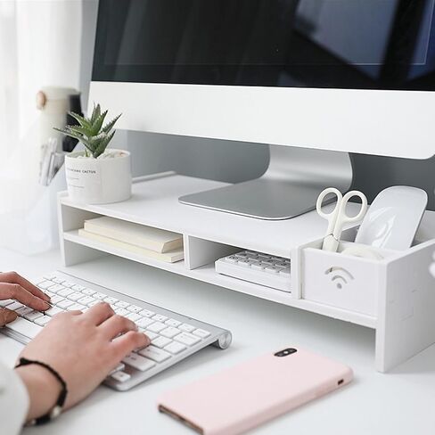 Shudyear monitor white stand, plastic desk storage for laptop, computer in Saudi Arabia