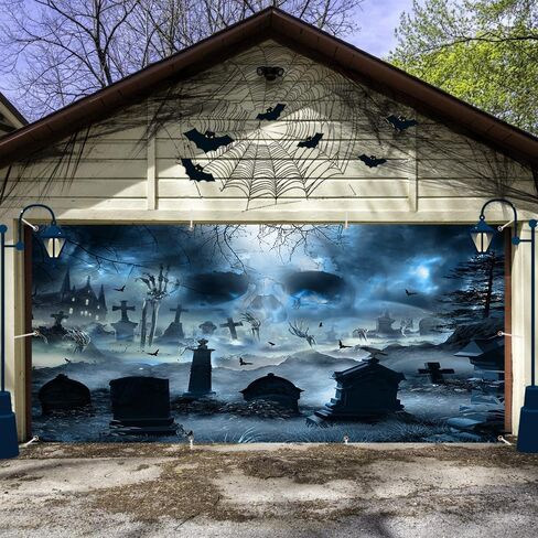 Halloween Garage Door Banners for Outside Halloween Garage Door Banner Cover Decorations Scary Horror Banner Outdoor Party Decor Halloween Night Gravestone Party Decorations Banner Photo Props in Saudi Arabia