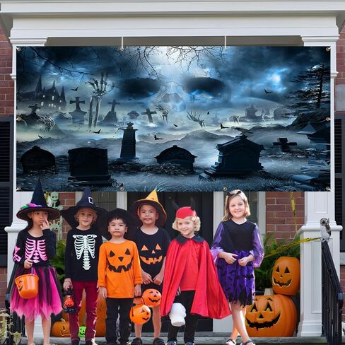 Halloween Garage Door Banners for Outside Halloween Garage Door Banner Cover Decorations Scary Horror Banner Outdoor Party Decor Halloween Night Gravestone Party Decorations Banner Photo Props in Saudi Arabia