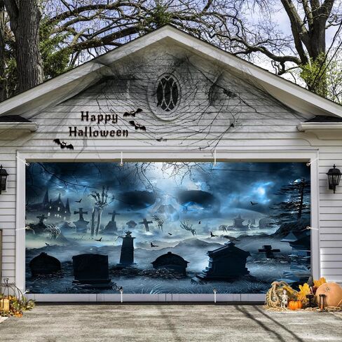 Halloween Garage Door Banners for Outside Halloween Garage Door Banner Cover Decorations Scary Horror Banner Outdoor Party Decor Halloween Night Gravestone Party Decorations Banner Photo Props in Saudi Arabia