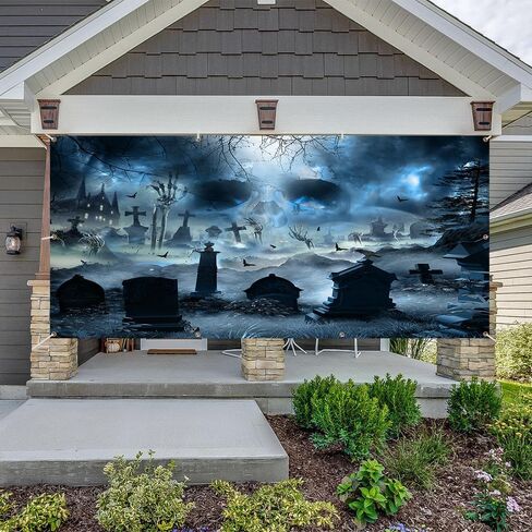 Halloween Garage Door Banners for Outside Halloween Garage Door Banner Cover Decorations Scary Horror Banner Outdoor Party Decor Halloween Night Gravestone Party Decorations Banner Photo Props in Saudi Arabia