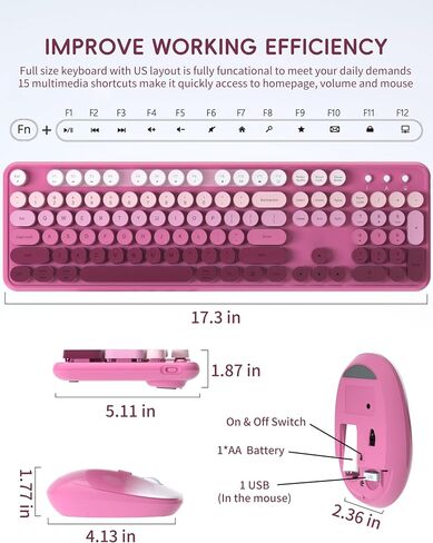 Wireless Keyboard Mouse Combo - 2.4Ghz Cute Colorful Keyboard and Mouse Wireless - 104 Keys Full Size Retro Typewriter Keyboard for Laptop, Computer, PC, Notebook, Windows, Mac OS Rose Pink in Saudi Arabia