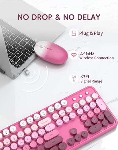 Wireless Keyboard Mouse Combo - 2.4Ghz Cute Colorful Keyboard and Mouse Wireless - 104 Keys Full Size Retro Typewriter Keyboard for Laptop, Computer, PC, Notebook, Windows, Mac OS Rose Pink in Saudi Arabia
