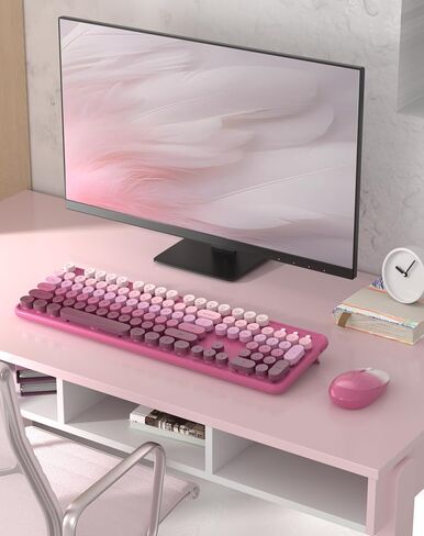 Wireless Keyboard Mouse Combo - 2.4Ghz Cute Colorful Keyboard and Mouse Wireless - 104 Keys Full Size Retro Typewriter Keyboard for Laptop, Computer, PC, Notebook, Windows, Mac OS Rose Pink in Saudi Arabia