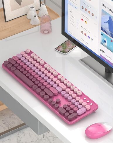 Wireless Keyboard Mouse Combo - 2.4Ghz Cute Colorful Keyboard and Mouse Wireless - 104 Keys Full Size Retro Typewriter Keyboard for Laptop, Computer, PC, Notebook, Windows, Mac OS Rose Pink in Saudi Arabia