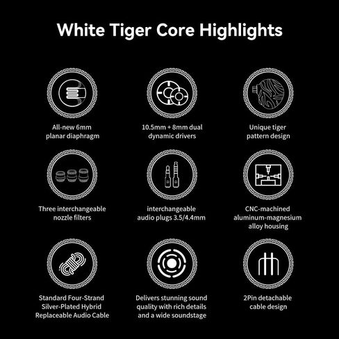 شاشة Linsoul TRN White Tiger داخل الأذن، سماعات أذن مزدوجة DD + غشاء مستو ثلاثي المحرك، سماعات أذن سلكية للألعاب مع ثلاث فوهات قابلة للفصل، كابل هجين مطلي بالفضة للموسيقي (بدون ميكروفون) in Saudi Arabia