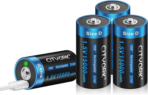1.5 فولت 15000 مللي أمبير في الساعة بطاريات ليثيوم D قابلة لإعادة الشحن عبر USB، 4 بطاريات ليثيوم أيون خلية D ذات خرج ثابت، شحن سريع (يتضمن 4 قطع كابل شحن USB) in Saudi Arabia