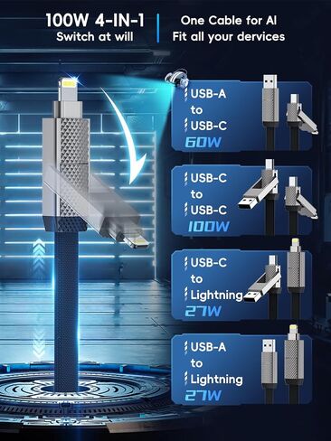 USB C Cable 100W, 4-in-1 USB C Lightning Cable(6ft) Heavy Duty 100W Fast Charging Flat Braided Dual Metal Head Multi Charger Cable Durable Type C iPhone Cord for iPhone 16 15 14/MacBook/ipad/Samsung in Kuwait