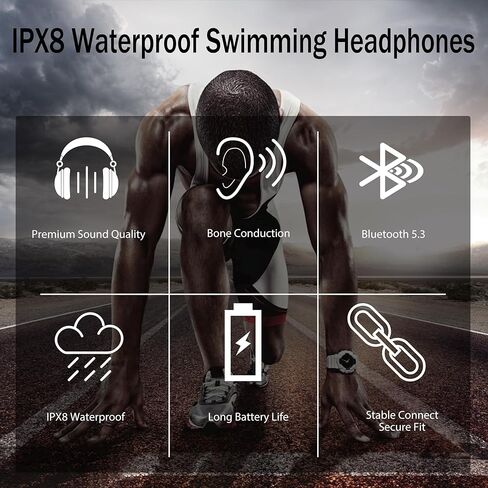 سماعات توصيل العظام، سماعات سباحة IPX8 مقاومة للماء، مشغل MP3 مدمج ذاكرة 32 جيجا، سماعات بلوتوث 5.3 لاسلكية مفتوحة الأذن للسباحة والجري والقيادة والمشي لمسافات طويلة وركوب الدراجات in Kuwait