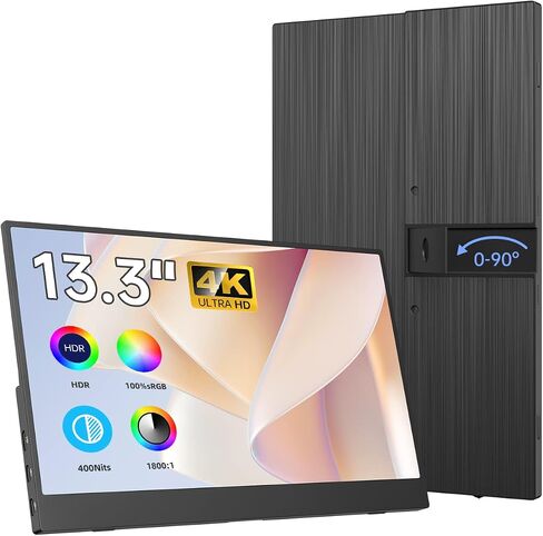 شاشة CNBANAN 4K المحمولة، شاشة محمولة 13.3 بوصة 1800:1 موسع شاشة الكمبيوتر المحمول النحيفة VESA 3840 * 2160 UHD 400 Nits 100% RGB FreeSync مع حامل لأجهزة الكمبيوتر المحمول Mac Phone Xbox Game (بدون غطاء ذكي) in Saudi Arabia