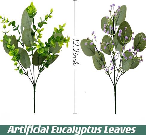 Artificial Eucalyptus Stems, 6PCS Mixed Faux Eucalyptus Greenery Stems Silver Dollar Leaves with Purple Flower Green Plants Wedding Bouquet Green Decor Flower Arrangement in Saudi Arabia