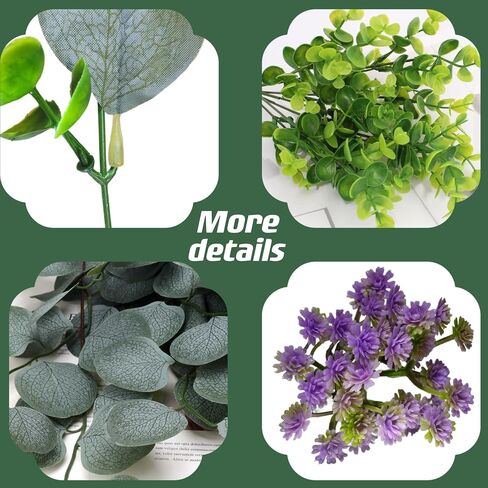 Artificial Eucalyptus Stems, 6PCS Mixed Faux Eucalyptus Greenery Stems Silver Dollar Leaves with Purple Flower Green Plants Wedding Bouquet Green Decor Flower Arrangement in Saudi Arabia