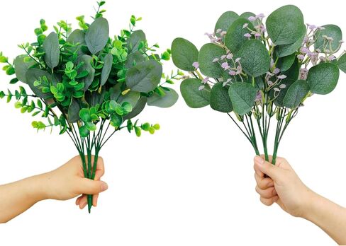 Artificial Eucalyptus Stems, 6PCS Mixed Faux Eucalyptus Greenery Stems Silver Dollar Leaves with Purple Flower Green Plants Wedding Bouquet Green Decor Flower Arrangement in Saudi Arabia