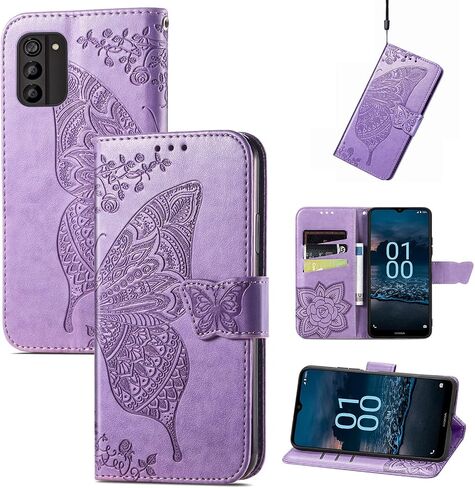 for Nokia C300 N155DL Flip Case,Butterfly Embossed Flowers PU Leather Magnetic Flip Cover Stand Card Holders Hand Strap Wallet Purse Case for Nokia C300 N155DL -Light Purple in Saudi Arabia