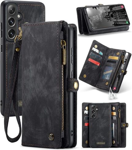 Wallet Case Compatible with Samsung Galaxy S24 FE 5G, Zipper Purse Leather Wallet with Magnetic Detachable Shockproof TPU Bumper Phone Case, Card Holder and Wrist strap for Men Women (Black) in Saudi Arabia