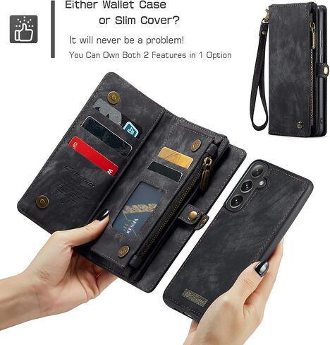 Wallet Case Compatible with Samsung Galaxy S24 FE 5G, Zipper Purse Leather Wallet with Magnetic Detachable Shockproof TPU Bumper Phone Case, Card Holder and Wrist strap for Men Women (Black) in Saudi Arabia