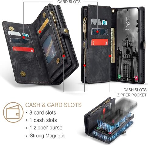 Wallet Case Compatible with Samsung Galaxy S24 FE 5G, Zipper Purse Leather Wallet with Magnetic Detachable Shockproof TPU Bumper Phone Case, Card Holder and Wrist strap for Men Women (Black) in Saudi Arabia