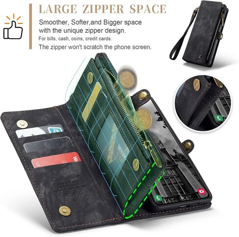 Wallet Case Compatible with Samsung Galaxy S24 FE 5G, Zipper Purse Leather Wallet with Magnetic Detachable Shockproof TPU Bumper Phone Case, Card Holder and Wrist strap for Men Women (Black) in Saudi Arabia