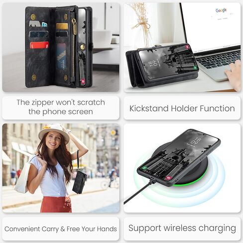 Wallet Case Compatible with Samsung Galaxy S24 FE 5G, Zipper Purse Leather Wallet with Magnetic Detachable Shockproof TPU Bumper Phone Case, Card Holder and Wrist strap for Men Women (Black) in Saudi Arabia