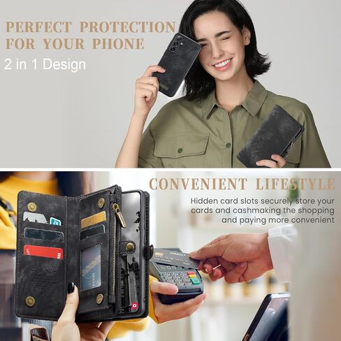Wallet Case Compatible with Samsung Galaxy S24 FE 5G, Zipper Purse Leather Wallet with Magnetic Detachable Shockproof TPU Bumper Phone Case, Card Holder and Wrist strap for Men Women (Black) in Saudi Arabia