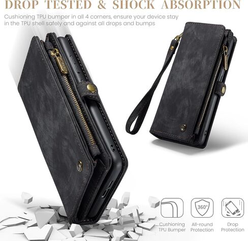 Wallet Case Compatible with Samsung Galaxy S24 FE 5G, Zipper Purse Leather Wallet with Magnetic Detachable Shockproof TPU Bumper Phone Case, Card Holder and Wrist strap for Men Women (Black) in Saudi Arabia