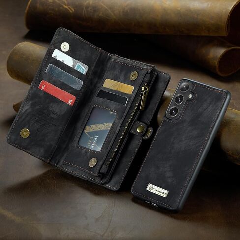 Wallet Case Compatible with Samsung Galaxy S24 FE 5G, Zipper Purse Leather Wallet with Magnetic Detachable Shockproof TPU Bumper Phone Case, Card Holder and Wrist strap for Men Women (Black) in Saudi Arabia