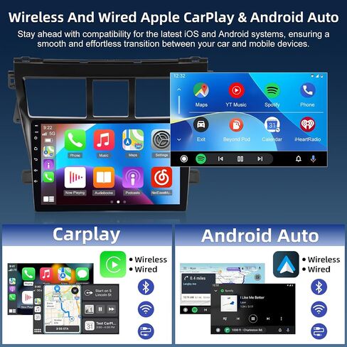 Android 4+64G Car Radio for Toyota Vios Yaris 2007 2008-2012 - 9 Inch HD Touchscreen Radio with Wireless Carplay & Android Auto - 32 EQ/WiFi/GPS/SWC + AHD Rear View Camera, MIC in Saudi Arabia