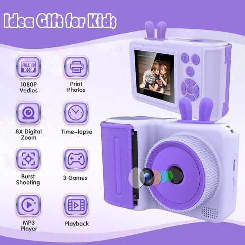 Kids Camera Instant Print, Christmas Birthday Gifts for Girls Boys, Children Digital Camera with Mirco SD Card, 1080P Video Toddler Print Camera, Portable Kids Toys for Girls Age 3-12 Purple in Saudi Arabia