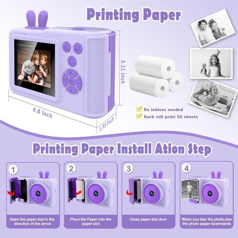 Kids Camera Instant Print, Christmas Birthday Gifts for Girls Boys, Children Digital Camera with Mirco SD Card, 1080P Video Toddler Print Camera, Portable Kids Toys for Girls Age 3-12 Purple in Saudi Arabia