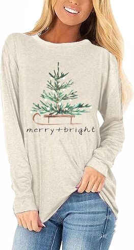 Womens Long Sleeve Christmas Graphic Tees Casual Letter Printed T-Shirts Tops in Kuwait