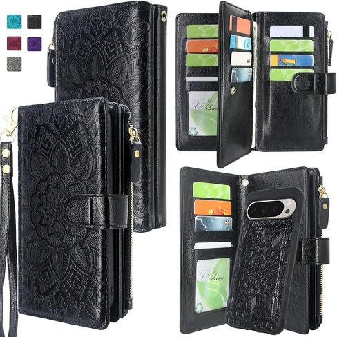 Harryshell Detachable Wallet Leather Case Compatible with Google Pixel 9/9 Pro 2024 Magnetic Phone Case Zipper with Cash Coin Pocket Multi Card Slots Holder Wrist Strap Lanyard (Flower Black) in Kuwait