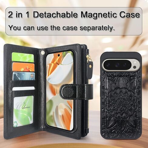 Harryshell Detachable Wallet Leather Case Compatible with Google Pixel 9/9 Pro 2024 Magnetic Phone Case Zipper with Cash Coin Pocket Multi Card Slots Holder Wrist Strap Lanyard (Flower Black) in Kuwait