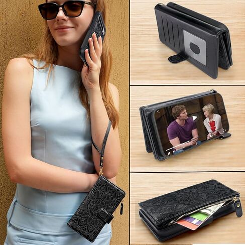 Harryshell Detachable Wallet Leather Case Compatible with Google Pixel 9/9 Pro 2024 Magnetic Phone Case Zipper with Cash Coin Pocket Multi Card Slots Holder Wrist Strap Lanyard (Flower Black) in Kuwait