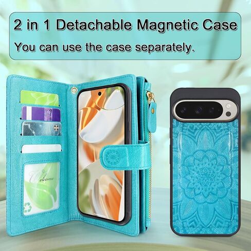 Harryshell Detachable Wallet Leather Case Compatible with Google Pixel 9/9 Pro 2024 Magnetic Phone Case Zipper with Cash Coin Pocket Multi Card Slots Holder Wrist Strap Lanyard (Flower Black) in Kuwait