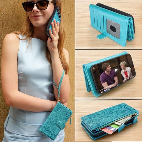 Harryshell Detachable Wallet Leather Case Compatible with Google Pixel 9/9 Pro 2024 Magnetic Phone Case Zipper with Cash Coin Pocket Multi Card Slots Holder Wrist Strap Lanyard (Flower Black) in Kuwait