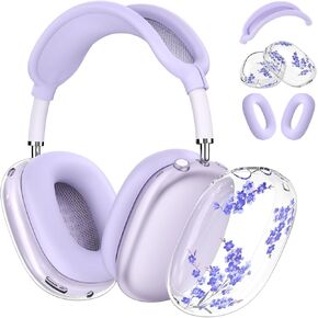 Silicone Case for AirPods Max Headphones,Clear Flower Soft TPU Ear Cups Cover,Ear Pad Case Cover,Headband Cover for AirPod Max(2020),Transparent Case for Apple AirPods Max USB-C(2024) for Women,Purple