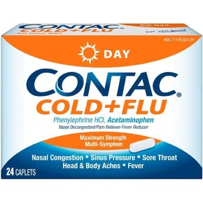 CONTAC Cold + Flu Maximum Strength Acetaminophen Day & Night Multi-Symptom Relief Nasal Congestion, Sinus Pressure, Sore Throat, Body Aches, Runny Nose, Sneezing, Combo, 28 Caplets