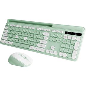 Green Wireless Keyboard and Mouse Combo, 2.4G Ergonomic Wireless Computer Keyboard with Phone Tablet Holder, Silent Mouse with 6 Buttons, Compatible with MacBook, Windows(KM-239W-GNWH)
