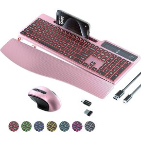 Wireless Keyboard Mouse Combo, Full Size Ergonomic Keyboard with Backlit, Wrist Rest, Calculator, Phone Holder, 2.4Ghz Silent Cordless Rechargeable Keyboard & Mouse for Laptop, PC (Pink Black)